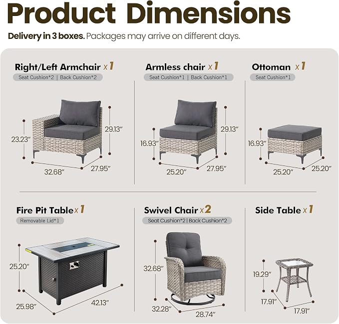 8-Piece Wicker Outdoor Sectional Furniture with Firepit Table, Wide Armrest Patio Couch Set Swivel Rocking Chair Ottoman, Modern Modular Conversation Sets for Backyard Deck Garden, Black