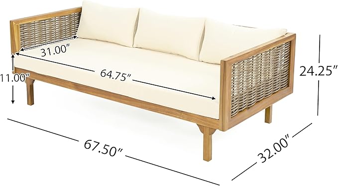 Merax Outdoor Acacia Wood Conversation Set - Patio 3-Seat Loveseat Sofa w/Coushion and Round Coffee Table for Backyard, Lawn, Balcony, Teak+Beige/Light Teak