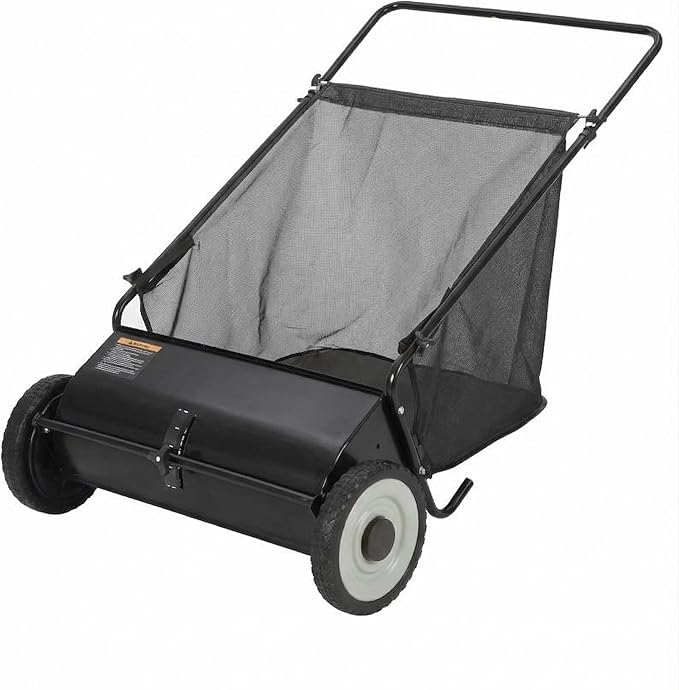Takywep 26-Inch Push Lawn Sweeper, Anti-Rust Steel Frame, 4 High-Density Brushes, Adjustable Height, 7 Cu.Ft Collection Bag for Yard Debris (Black)