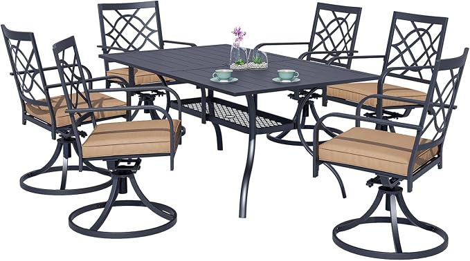 Crownland 7 PCS Furniture Patio Dining Set, 6 Swivel Metal Chairs and Rectangular Outdoor Dining Table with 1.57" Umbrella Hole, Suitable for Backyard, Lawn, Garden (Metal Tabletop)