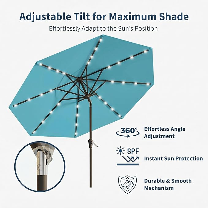 9FT Solar Umbrella 32 LED Lighted Patio Umbrella Table Market Umbrella w/Tilt and Crank, UV-Resistant Outdoor Umbrella for Pool, Garden, Deck, Sky Blue