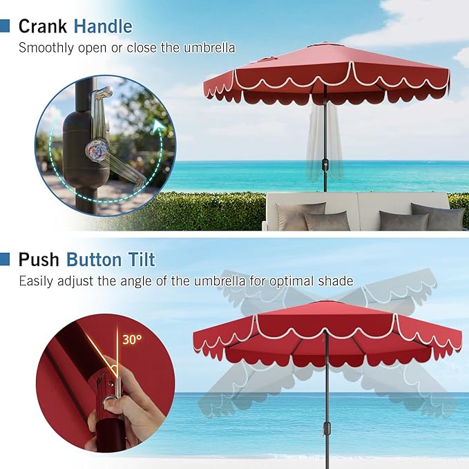 RELAX4LIFE 10 FT Scalloped Patio Umbrella, Market Table Umbrella with Push Button Tilt, Crank, 8 Sturdy Metal Ribs, Vented Top, Sun-Protective Ruffled Canopy, Heavy-duty Outdoor Parasol for Garden Poolside Deck