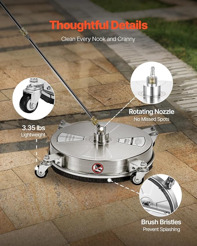 VEVOR 15 Inch Pressure Washer Surface Cleaner, 4000 PSI Stainless Steel Attachment with 4 Wheels, 2 Nozzles, 1/4 Inch Quick Connect and 2 Wands for Concrete, Patio, Deck
