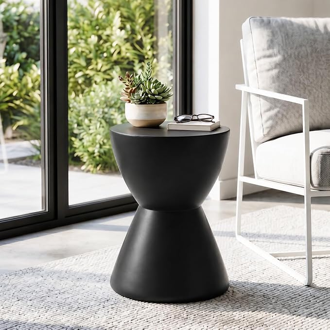 SUNBURY Outdoor Side Table Concrete, 19" H Outdoor End Tables Geometric Hourglass Shaped, Lightweight Round Accent Table, Decorative Modern Garden Stool for Patio, Backyard, Black