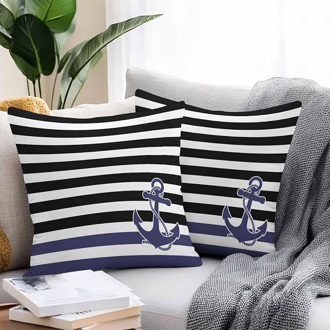 Throw Pillow Covers 24x24 Inch Set of 2, Anchor Black Waterproof Outdoor Cushion Covers, Modern Navy Blue White Striped Nautical Decorative Pillowcases for Couch, Sofa, Bed, Garden, Patio
