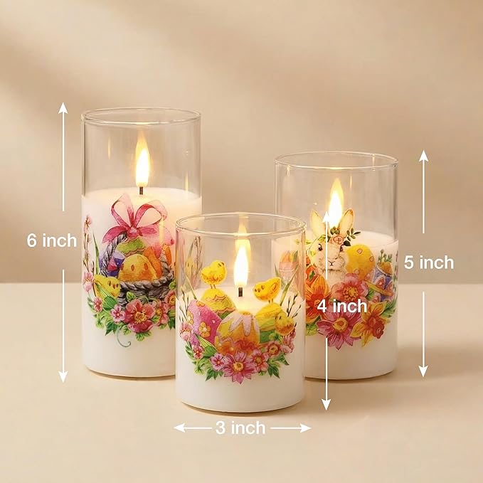 Eywamage Spring LED Candles with Remote, Flickering Glass Flameless Pillar Candles Battery Candles Easter Home Table Decor Set of 3