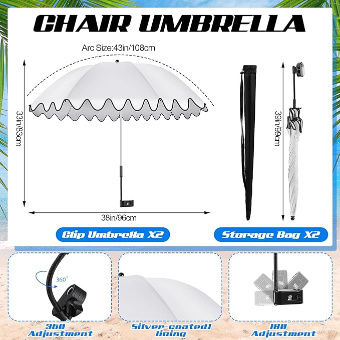 Abbylike 2 Pcs Scalloped Chair Umbrella with Universal Adjustable Clamp 38'' Portable Wheelchair Umbrella UPF 50+ Camping Chair Parasol with Bag for Outdoor Patio Lawn