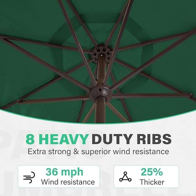 JEAREY 9 FT Patio Umbrella Outdoor, Table Umbrellas Market Umbrella w/Push Button Tilt/Crank, 8 Sturdy Ribs(Dark Green)