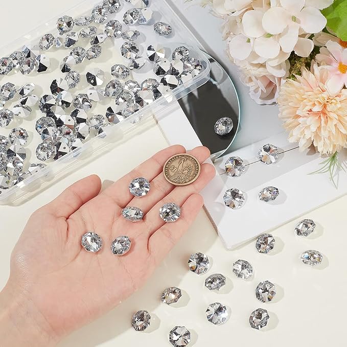 1 Box 120Pcs 14mm 2 Hole Octagon Beads Silver Crystal Glass Octagon Beads Chandelier Replacement Connector Suncatcher Faceted Spacer Prisms for DIY Lamps Hanging Ornament Pendant Jewelry