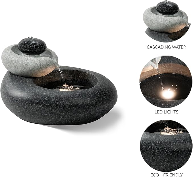 13.39" H Outdoor Water Fountain Made with Eco-Friendly Recyclable Materials, Polyethylene Rock Waterfall Outdoor Fountain, Garden Decor with LED Light & Pump for Patio, Backyard (13.39")