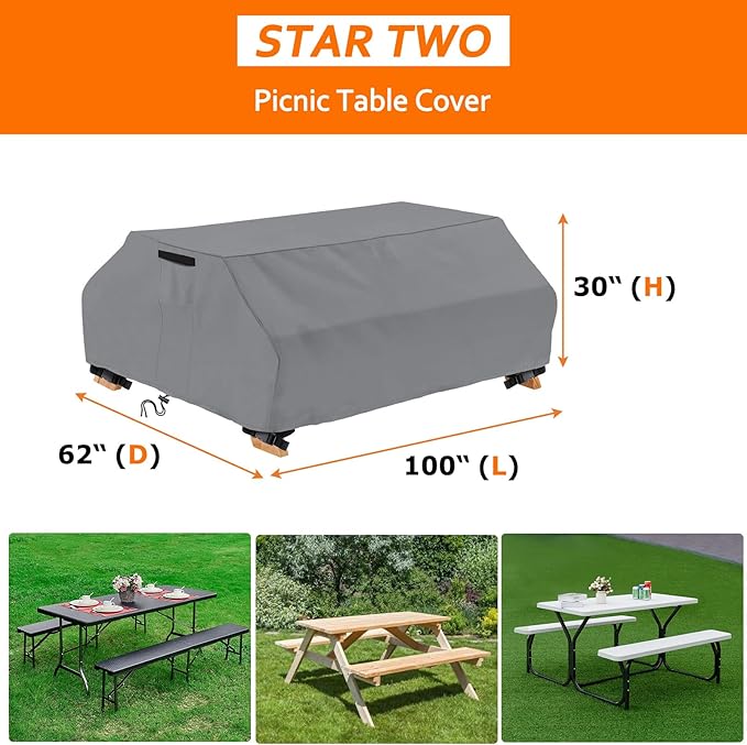 STARTWO Waterproof Picnic Table Cover Outdoor Patio Bench Covers for 8 ft Picnic Table Bench Set Windproof 96 Inch,Grey