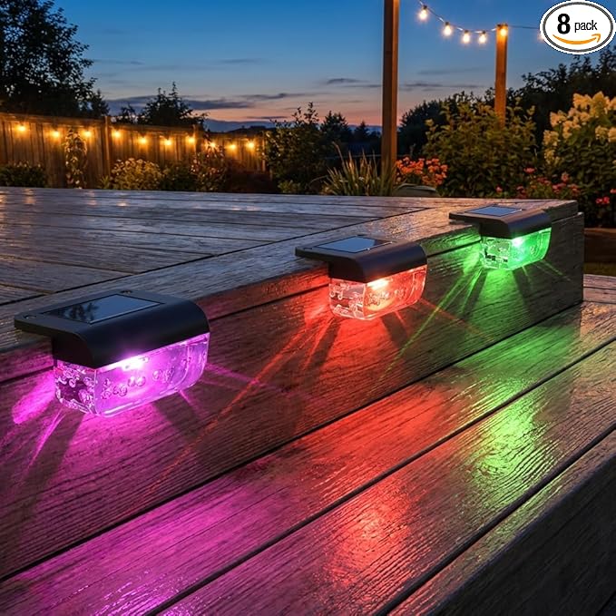 Eyrosa Solar Deck Lights 8 Pack, Solar Lights Outdoor Waterproof for Outside, Stairs, Step, Fence, Yard, Garden, Patio, Pool, Railing (Color Changing)