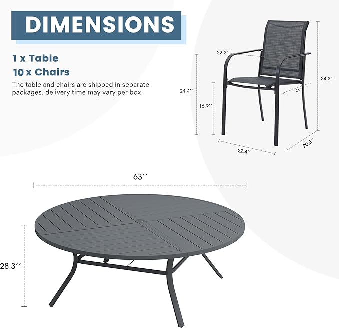 DIFY 11 Pieces Outdoor Patio Dining Set for 10, 63" Round Metal Patio Table and 10 Stackable Textilene Patio Chairs, Outdoor Table and Chairs for Backyard Garden Poolside, Grey