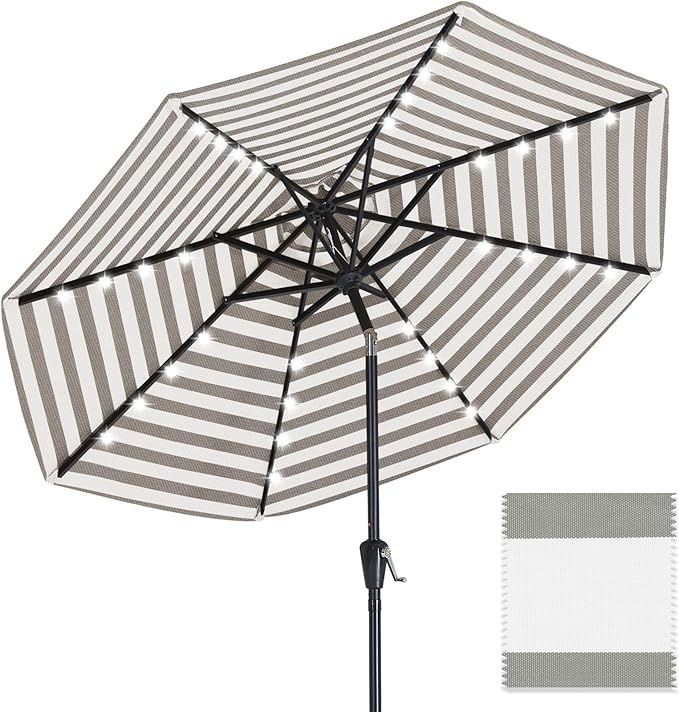 ABCCANOPY OLEFIN® 5-Year No Fading Patio Umbrella with Solar Lights (Gray Stripe)
