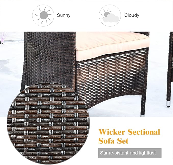 8 Pieces Patio Sofa Set, Wicker Conversation Set with Ergonomic Curved Backrest, Water-Resistant Cushion & Tempered Glass Table for Balcony, Porch (Brown)