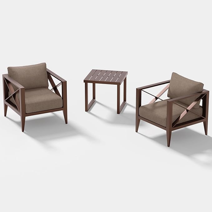 3-Piece Oversized Aluminum Patio Furniture Set, Outdoor Deep Seating Conversation Sofa Set with Coffee Table, 6.1" Cushions, All-Weather Rust-Proof Frame for Backyard, Deck, Balcony-Brown