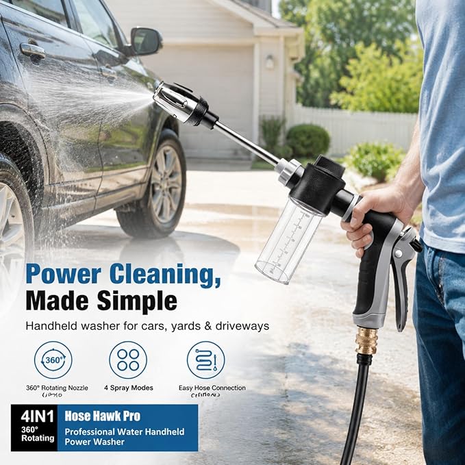 Hose Hawk Pro Pressure Washer Gun Professional Water Handheld Power Washer Gun with 360° Rotating Nozzless, 4 Spray Modes Multi Function for Cleaning Yard Car Driveways (SetB)