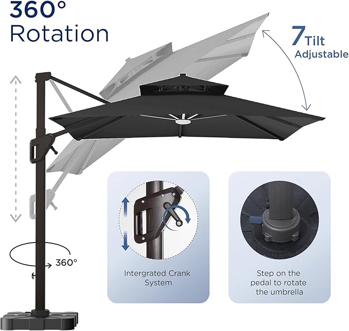 Deconk 10' X 13' Patio Umbrella with LED Lights Outdoor Cantilever Large Rectangle Offset Umbrellas Heavy Duty Aluminum Double Top with 360-degree Rotation for Pool Garden Deck, Black