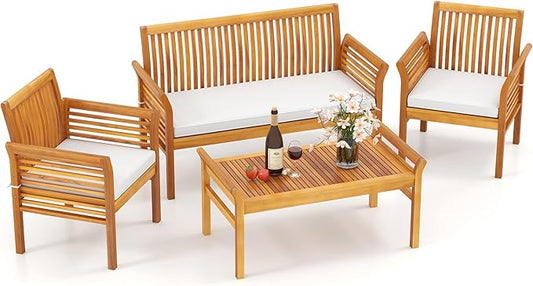HAPPYGRILL 4 Pieces Acacia Wood Patio Conversation Set, Outdoor Wood Furniture Set with Seat Cushions, Wicker Sofa Chairs & Coffee Table for Garden Poolside Deck (1)