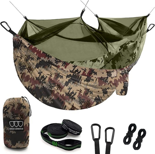 Gold Armour Camping Hammock - Camping Essentials, Double Hammock with Bug Net, Camping Gear Hammock for Outside, Hiking, and Travel (Camouflage)