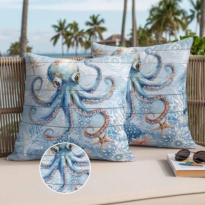 Coastal Octopus Waterproof Outdoor Pillow Covers Set of 2 Home Decor, Nautical Sea Starfish Coral Wooden Grain Pillowcase Patio Pillow Covers for Couch Bench Furniture Garden 24x24in