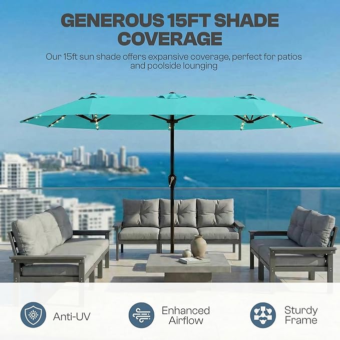 15FT Patio Umbrella with Solar Lights, Double-Sided Extra Large Outdoor Table Umbrella with Base Included, Heavy-Duty 12 Iron Ribs Market Umbrella for Garden, Pool, Backyard, Aqua Blue