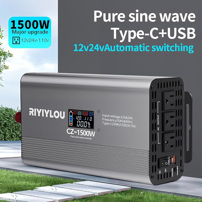 1500W Pure Sine Wave Inverter (3000W Peak), 12V/24V Auto-Detect, 50Hz/60Hz Switchable, LCD Display, Type-C Fast Charging, Silent Design, Overload & Overheat Protection for RV, Home