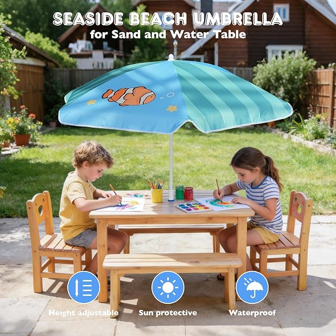 AMMSUN 5ft Seaside Umbrella for Sand Box Water Table - Kids Durable Umbrellas for children Picnic Beach Camping Garden Outdoor Play Shade Green Clownfish