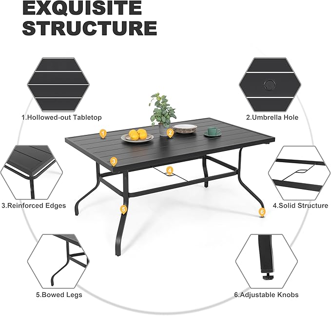 NUU GARDEN 7PCS Patio Dining Set with 1.6 Inch Umbrella Hole Powder-Coated Metal Frame Outdoor Furniture with 6 Padded Textilene C-Spring Chairs and Table for Backyard Garden Poolside Lawn Black Blue