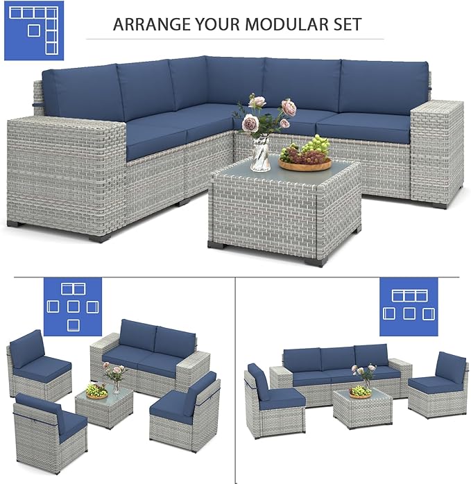 6 Piece Patio Furniture Set, 8" Wide Arm Sectional Sofa Set with Coffee Table, High-Back All-Weather Rattan Outdoor Conversation Set for Garden, Porch, Lawn, Blue