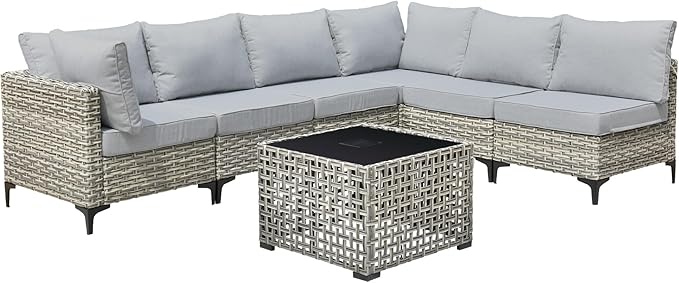 Outdoor Patio Furniture Sets,7 PCS Patio Conversation Set Outside Rattan Sectional Sofa with Coffee Table Fit Backyard Porch Garden Poolside Balcony