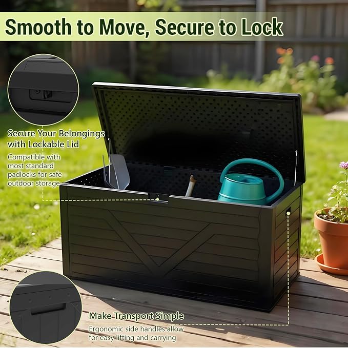 Outdoor Storage Box,260 Gallon Deck Box Outdoor Storage Bench Outside Waterproof Resin Storage Bench, Lockable Patio Cushions, Garden Tools Storage For Furniture, UV Resistant (Black)