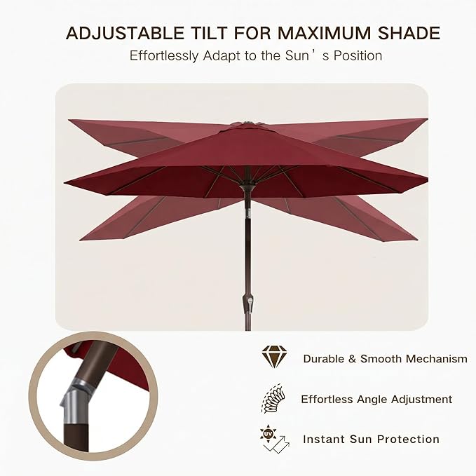Kingdura 10FT Outdoor Patio Umbrella, Market Table Umbrella with Push Button Tilt and Crank, 8 Sturdy Fiberglass Ribs, UV Protection for Pool, Lawn, Deck, Backyard, Garden (Dark red)