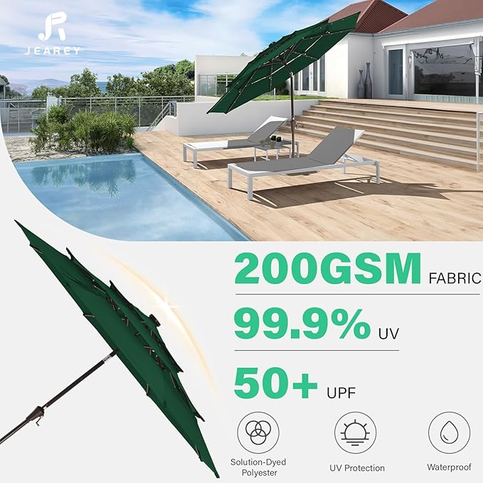 JEAREY 3 Tiers Patio Umbrella with Solar Lights 9ft Outdoor Market Table Umbrellas with Push Button Tilt for Outside Pool Garden, Dark Green
