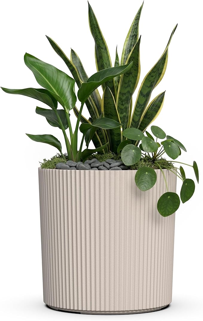 Mayne Haven 14-Inch Fluted Planter, Round Planters for Outdoor Plants, Lightweight Concrete Look Plant Pots for Porch, Patio, Garden and Entryway Décor, Chai