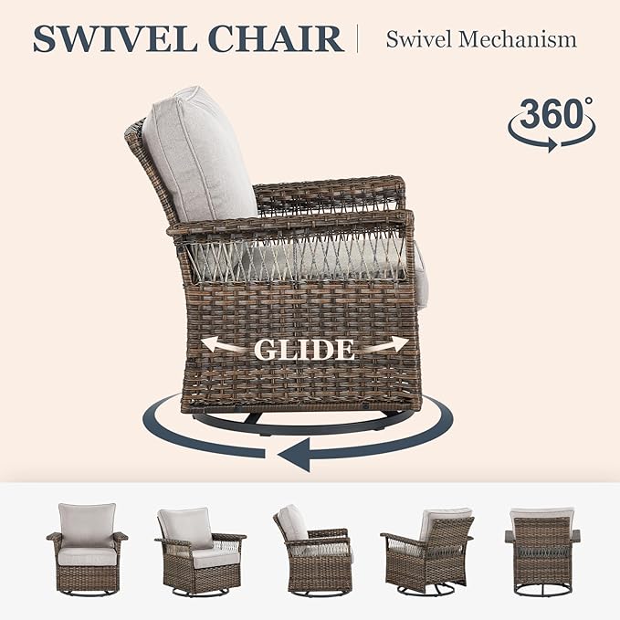 Patio Furniture Set 2 Wicker Swivel Glider Chairs 2 PE Rattan Ottomans with Patio Side Table Brown Wicker Beige Cushions Patio Conversation Set 5pcs for Garden Backyard