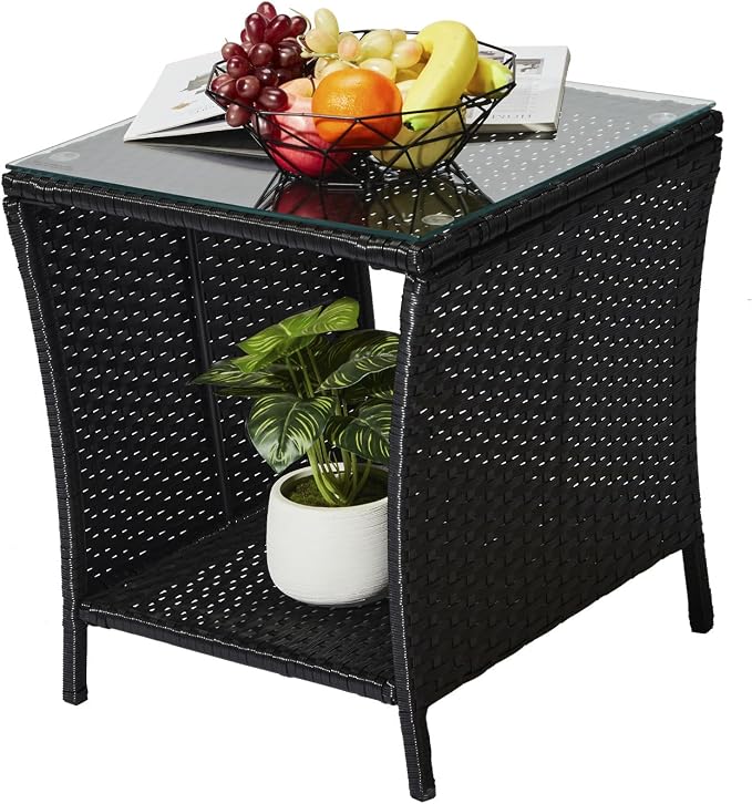 Outdoor Wicker Rattan Side Table, Square Rattan Coffee End Table Patio Wicker Table with Tempered Glass Top and Storage for Patio Garden Balcony (Black)