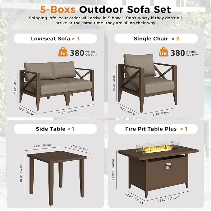 Aluminum 4-Seats Outdoor Patio Furniture Set with 43" Fire Pit Table, Sectional Conversation Sofa with 5.2" Thick Cushions & Coffee Table, Rust-Resistant Frame Seating Sofa for Porch, Backyard, Brown