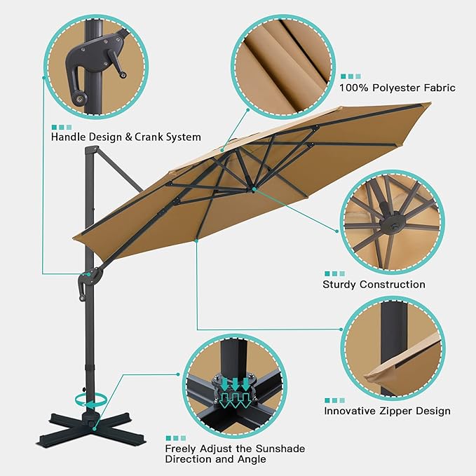 Sunnyglade 11Ft Cantilever Patio Umbrella Deluxe Offset Umbrella 360°Rotation & Integrated Tilting System Heavy Duty Patio Hanging Umbrella for Market Garden Deck Pool Backyard Patio (Tan, 11 ft)