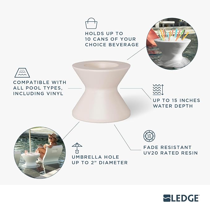 Ledge Lounger - Signature Tall Ice Bin Side Table with Umbrella Hole - Table Only, No Lid - All Weather, Outdoor Ice Chest Cooler Side Table - Water Depths 0-15” - for Pool, Sundeck, Patio