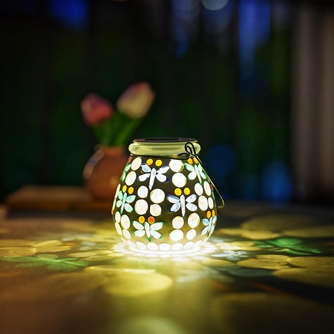 Stargarden Mosaic Solar Lanterns Outdoor Waterproof, Dragonfly Lanterns Decorative Outdoor, Glass Hanging Solar Lights Table Lamp for Yard, Garden Decor