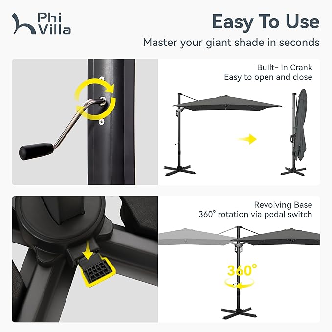 PHI VILLA 9'x 12' Cantilever Patio Umbrella with Crank Handle, 6-Level Tilt & 360° Rotation, Aluminum Square Outdoor Offset Umbrella Windproof & Crashproof for Garden, Deck, Pool (Grey)