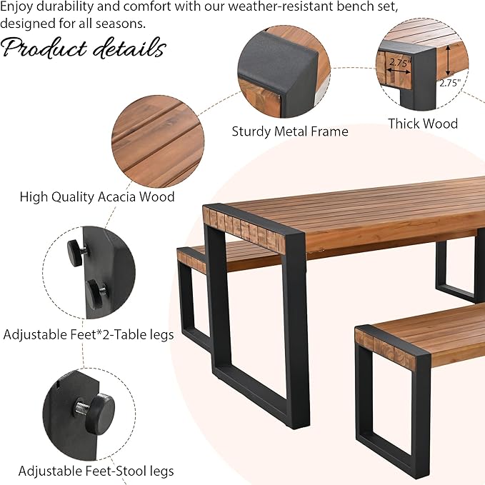 LUMISOL 3 Pieces Patio Dining Set with Bench, Acacia Wood Space Saving Outdoor Rectangular Picnic Table Set, Wood