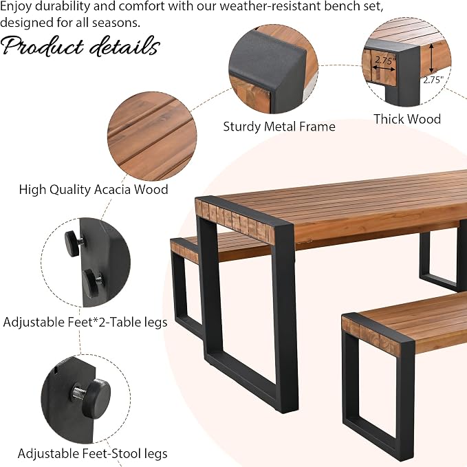 3 PC Outdoor Dining Set with 2 Benches Acacia Wood Tabletop & Steel Frame | All-Weather Patio Furniture for Backyard, Garden, or Indoor Use, Natural
