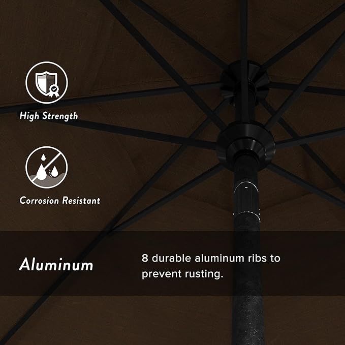 California Umbrella 9' Round Aluminum Market Umbrella, Crank Lift, Push Button Tilt, Black Pole, Teak Olefin