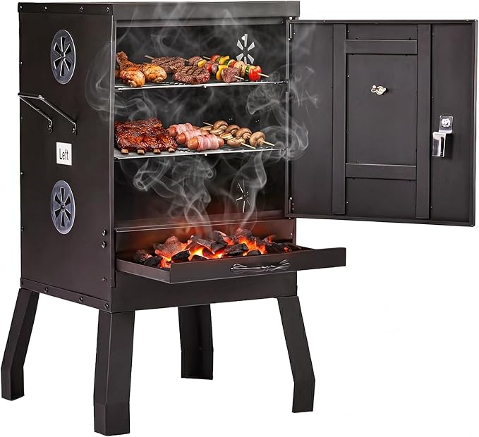 ROVSUN 2-in-1 Outdoor Smoker with Door, Vertical Portable Charcoal Grill with Two Detachable Grill Smoking Racks and Charcoal Pan, Perfect for Camping Barbecue, Small Families, Black