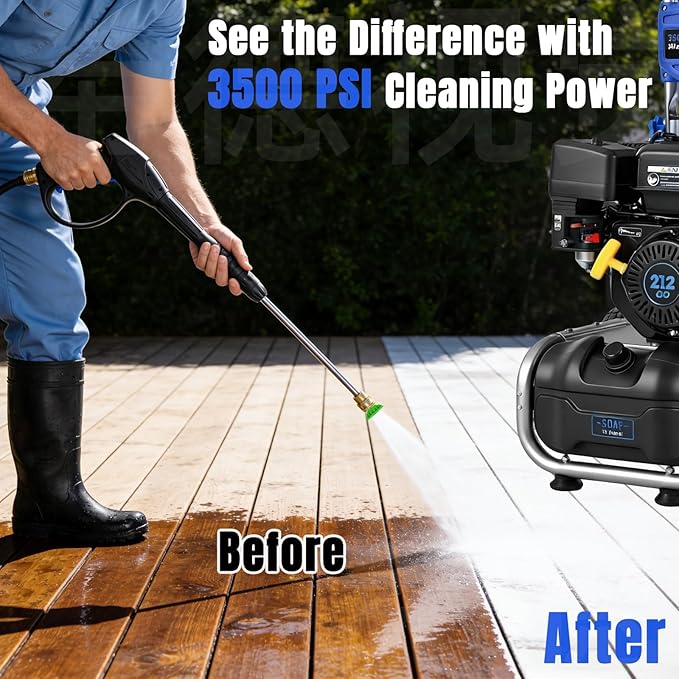 3500PSI Gas Pressure Washer, 212CC / 2.3GPM / 7HP / 4-Stroke Gas Power Washer with 4 Quick Connect Nozzles, 25FT Hose, Soap Tank, Gas Powered Pressure Washers for Driveways Decks Cars Paint Prep