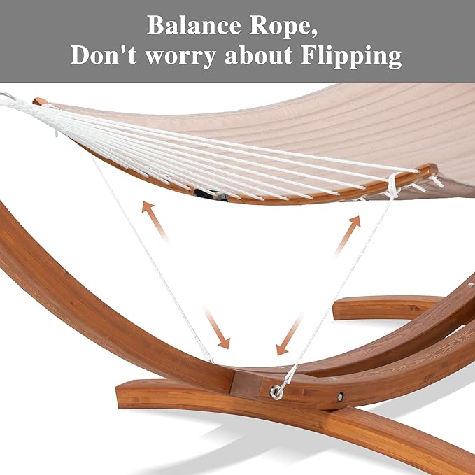 SUNCREAT Hammocks Patio Hammock with Stand, 2 Person Heavy Duty Curved Hammock with 13.5 ft Wooden Stand, Tan