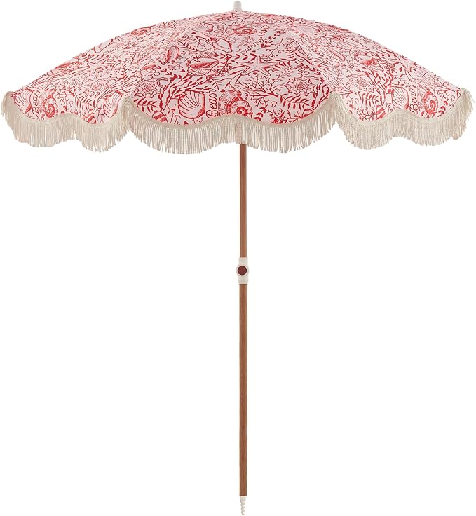 6FT Fringe Beach Umbrella for Sand, Boho Coastal Patio Umbrella with Tassels, UPF 50+ Sun Protection, Tilt, Carry Bag for Beach Vacation & Pool, Reef Crimson