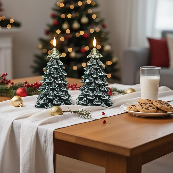 Christmas Tree Flameless Candles with 6H Timer, 2 Pcs Battery Operated LED Pillar Candle with Flickering 3D Wick, White Flocked Decoration Green Candles for Home Décor Christmas Gifts
